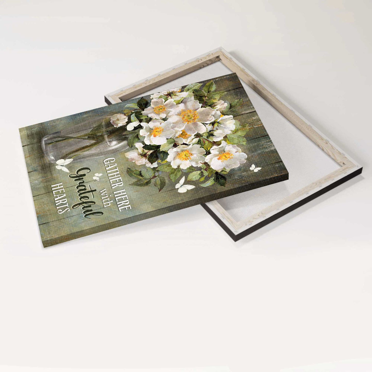 Jesus Portrait Canvas- Magnolias flower, Still Painting, White butterfly canvas- Gift for Christian- Gather here with grateful hearts - Portrait Canvas Prints, Wall Art