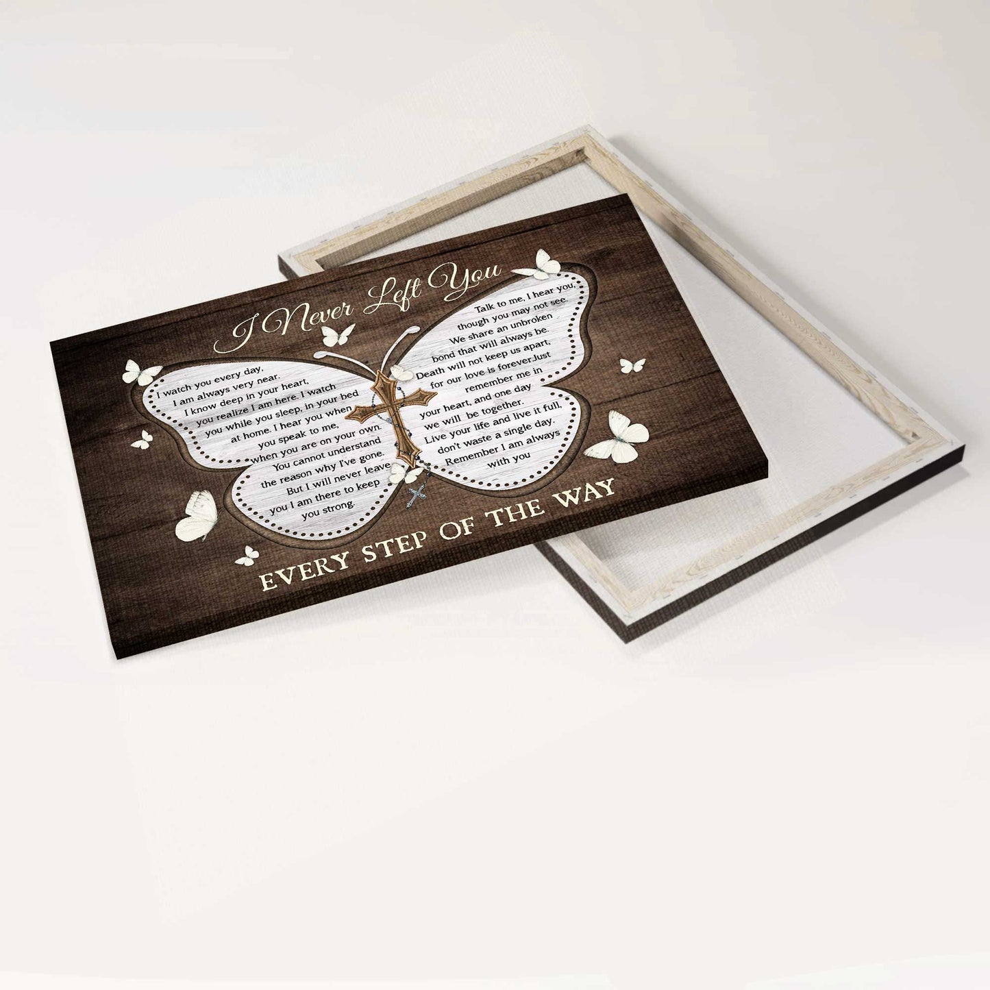Memorial Landscape Canvas- White butterfly, Wooden background, The holy cross canvas- Gift for members family- I never left you