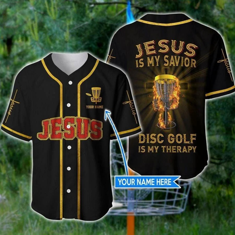 Personalized Jesus Baseball Jersey - Cross Flame Baseball Jersey - Gift For Christians - Jesus Disc Golf Is My Therapy Custom Baseball Jersey