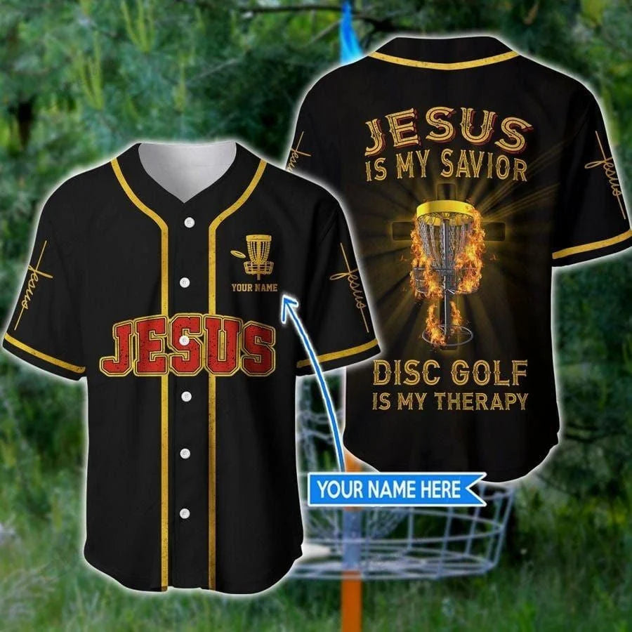 Personalized Jesus Baseball Jersey - Cross Flame Baseball Jersey - Gift For Christians -  Jesus Disc Golf Is My Therapy Custom Baseball Jersey