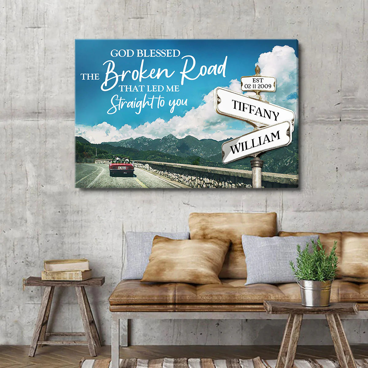 Couple Landscape Canvas - Personalized God, Mountain Canvas - Custom Gift For Christian Couple, Spouse, Lover - God Blessed The Broken Road Canvas