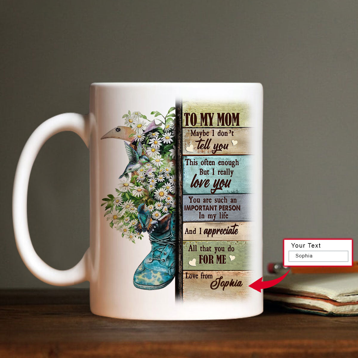 Gift For Mom Personalized Mug - Daughter to mom, Beautiful daisy flower, Vintage boots Mug -Custom Gift For Mother's Day, Presents for Mom-Love you Mug