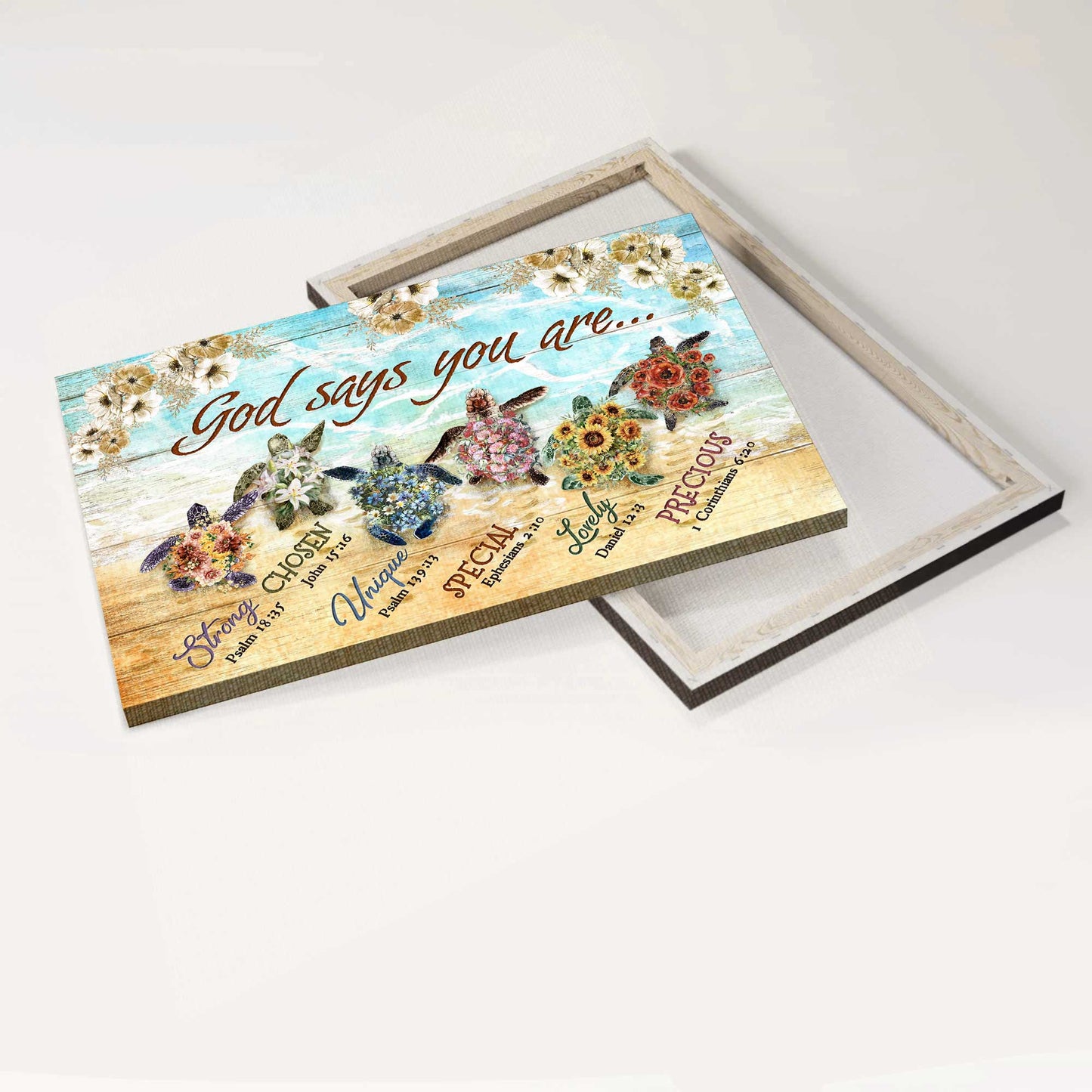 Jesus Landscape Canvas- Abstract Flower Painting, On The Beach, Sea Turtles, Bible Verse Landscape Canvas- Gift For Religious Christian- God Says You Are