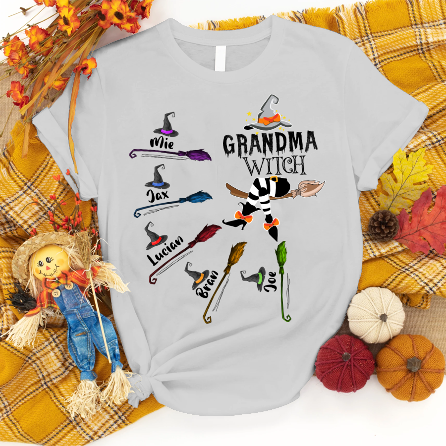 Grandma and Kids Custom Name T-shirt, Grandma Witch And Broom Kids Personalized Shirt - Perfect Gift For Gigi, Nana, Mimi, Grandma