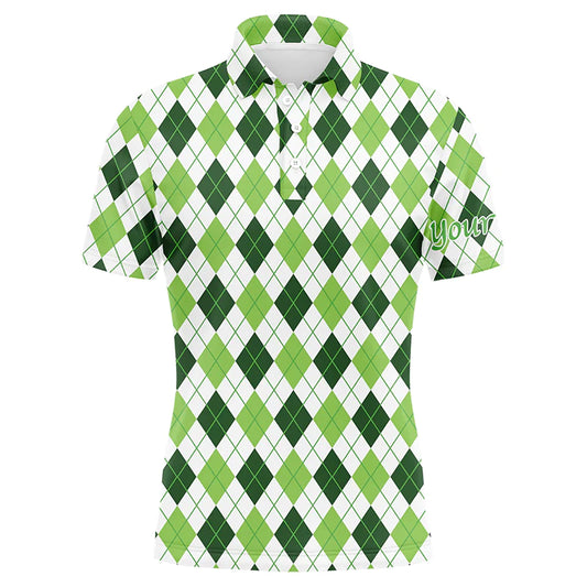 Golf Men Polo Shirt, Custom Name Green Argyle St Patrick's Day Pattern Apparel - Personalized Sports Gift For Golf Lover, Male, Husband