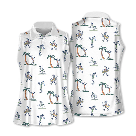 Golf Women Sleeveless Athleisure Polo Shirt, Seamless Palm Tree Golf Girl Polo Shirt - Gift For Mother's Day, Golfers, Female, Golf Lover