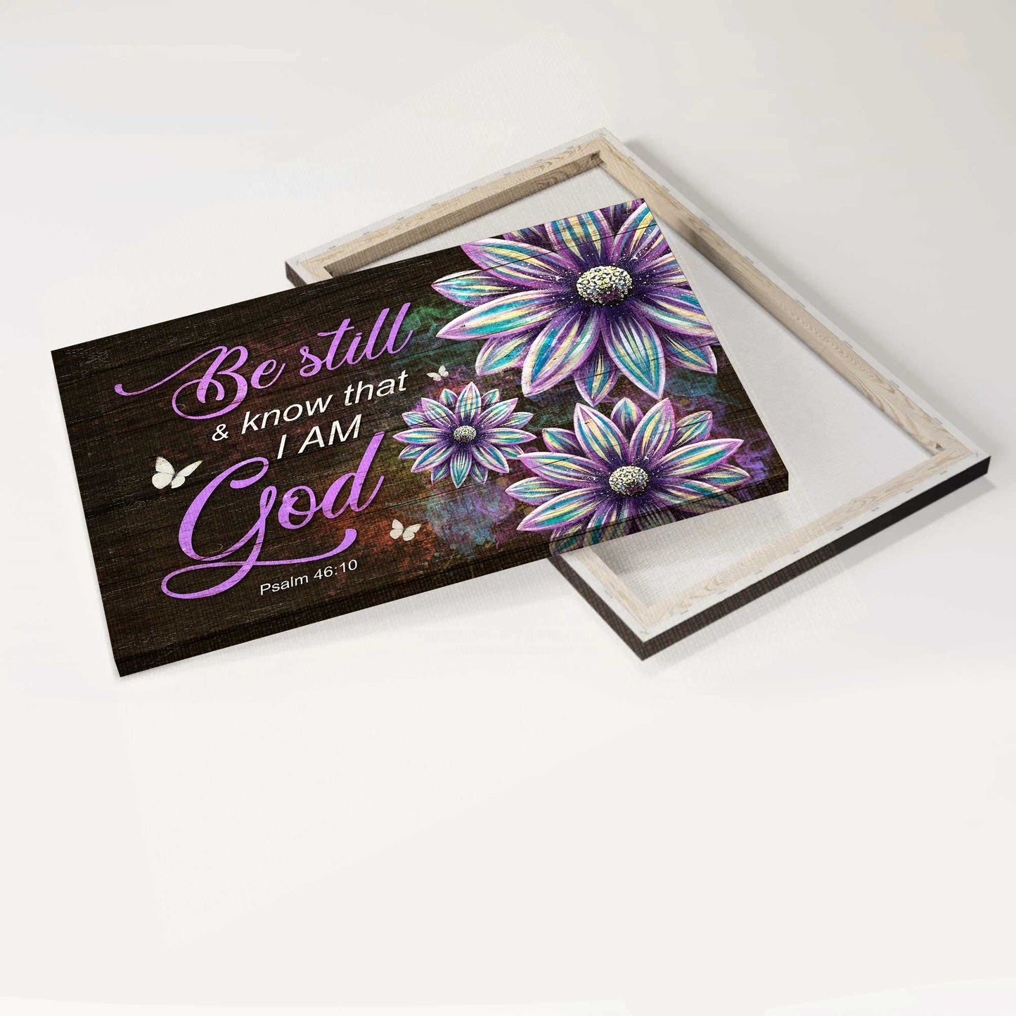 Jesus Landscape Canvas- Abstract Flower Painting, White Butterfly, Bible Verse Landscape Canvas- Gift For Religious Christian- Be Still & Know That I Am God
