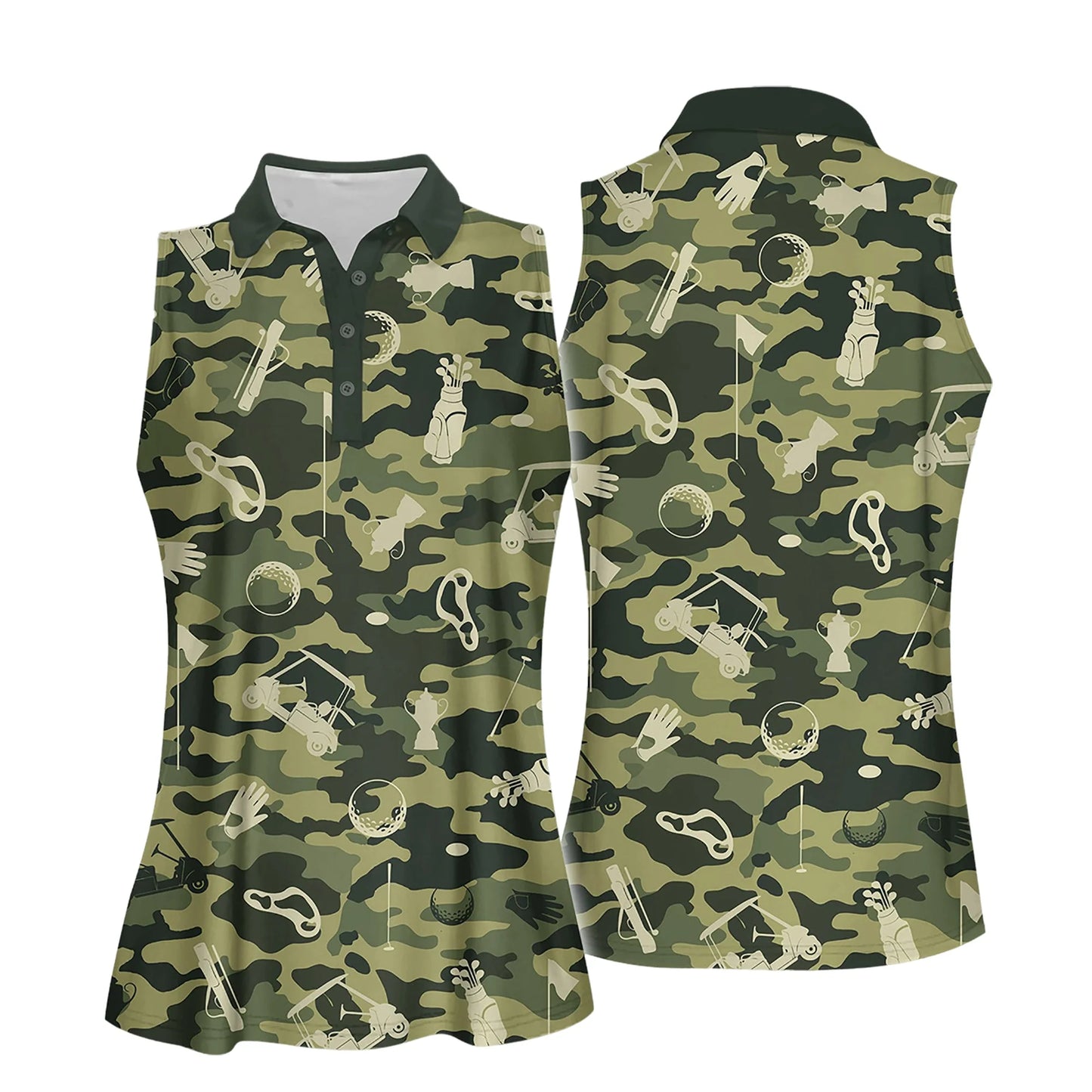 Golf Women Sleeveless Athleisure Polo Shirt, Green Camouflage Golf Set Polo Shirt - Gift For Mother's Day, Golfers, Female, Golf Lover