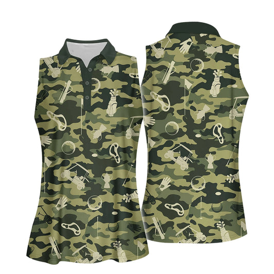Golf Women Sleeveless Athleisure Polo Shirt, Green Camouflage Golf Set Polo Shirt - Gift For Mother's Day, Golfers, Female, Golf Lover