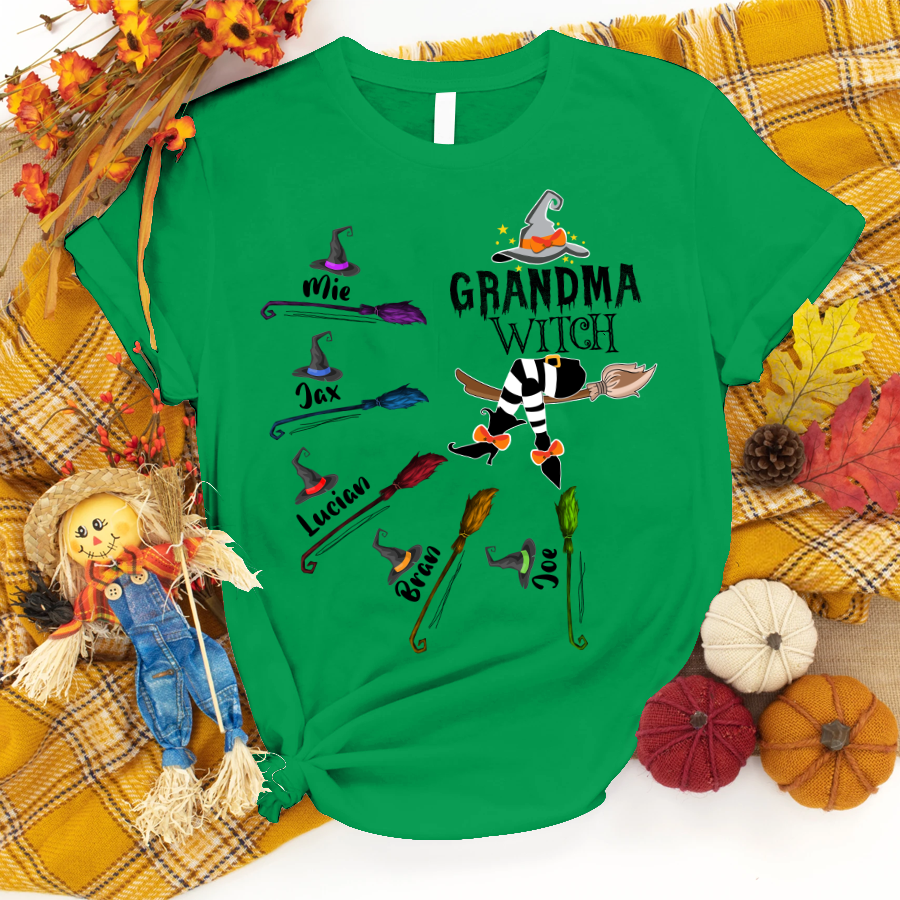 Grandma and Kids Custom Name T-shirt, Grandma Witch And Broom Kids Personalized Shirt - Perfect Gift For Gigi, Nana, Mimi, Grandma