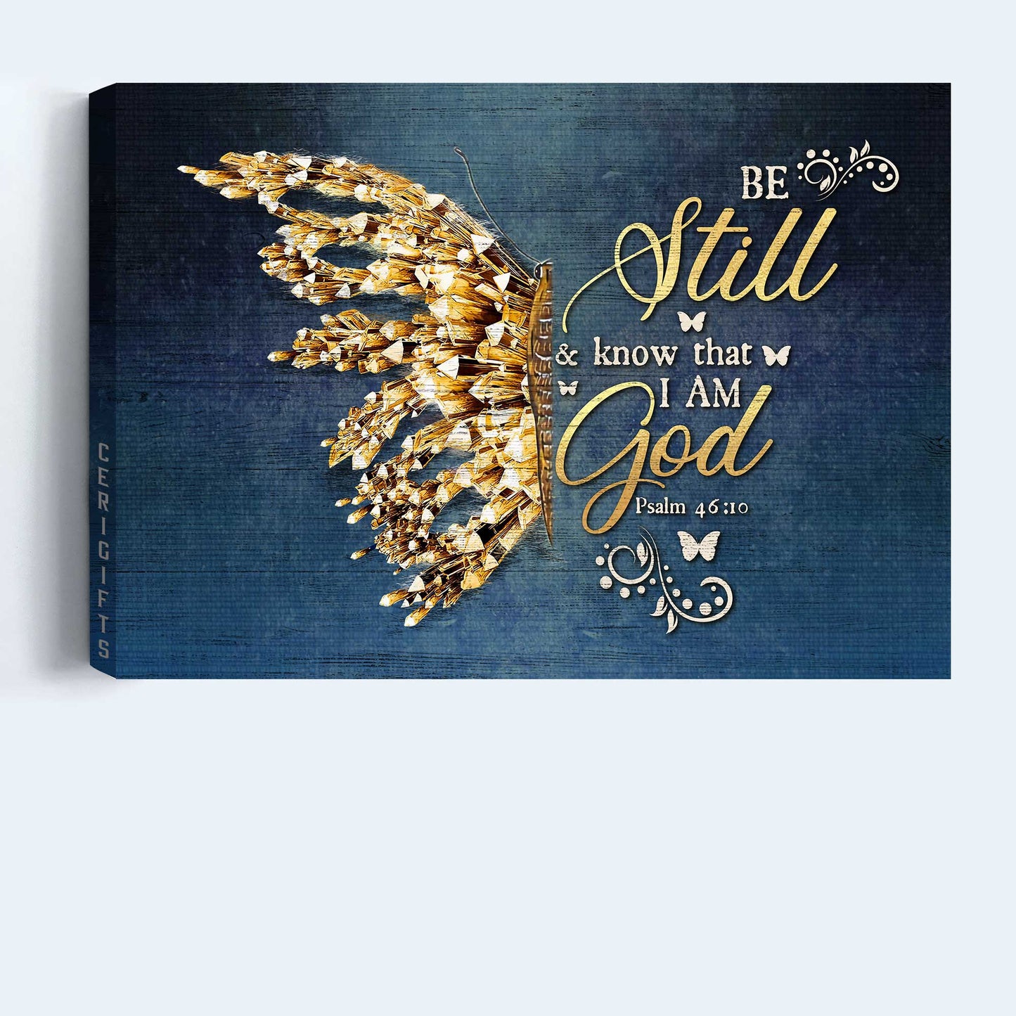 Jesus Landscape Canvas- Abstract Golden Butterfly, Bible Verse Landscape Canvas- Gift For Religious Christian- Be Still And Know That I Am God