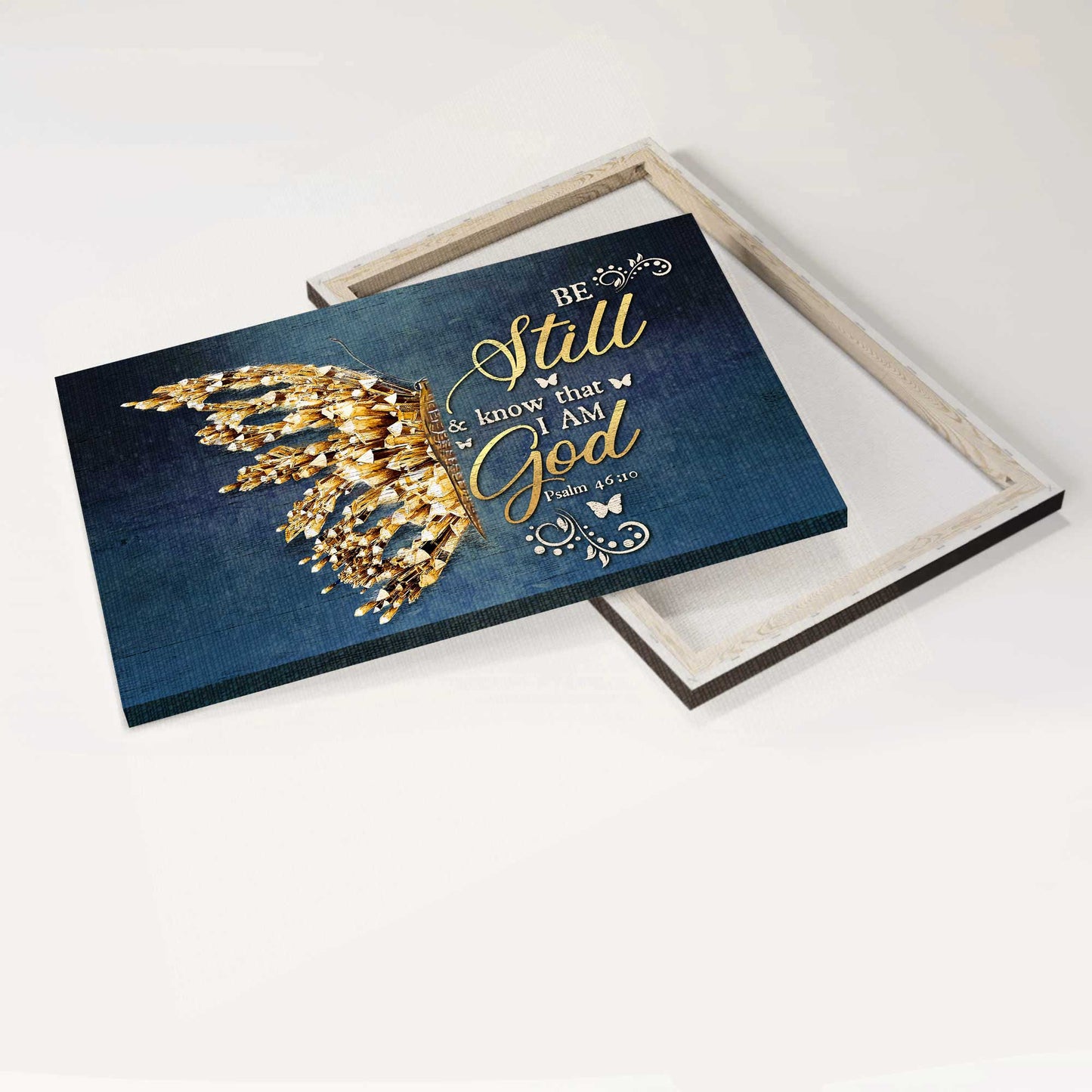 Jesus Landscape Canvas- Abstract Golden Butterfly, Bible Verse Landscape Canvas- Gift For Religious Christian- Be Still And Know That I Am God