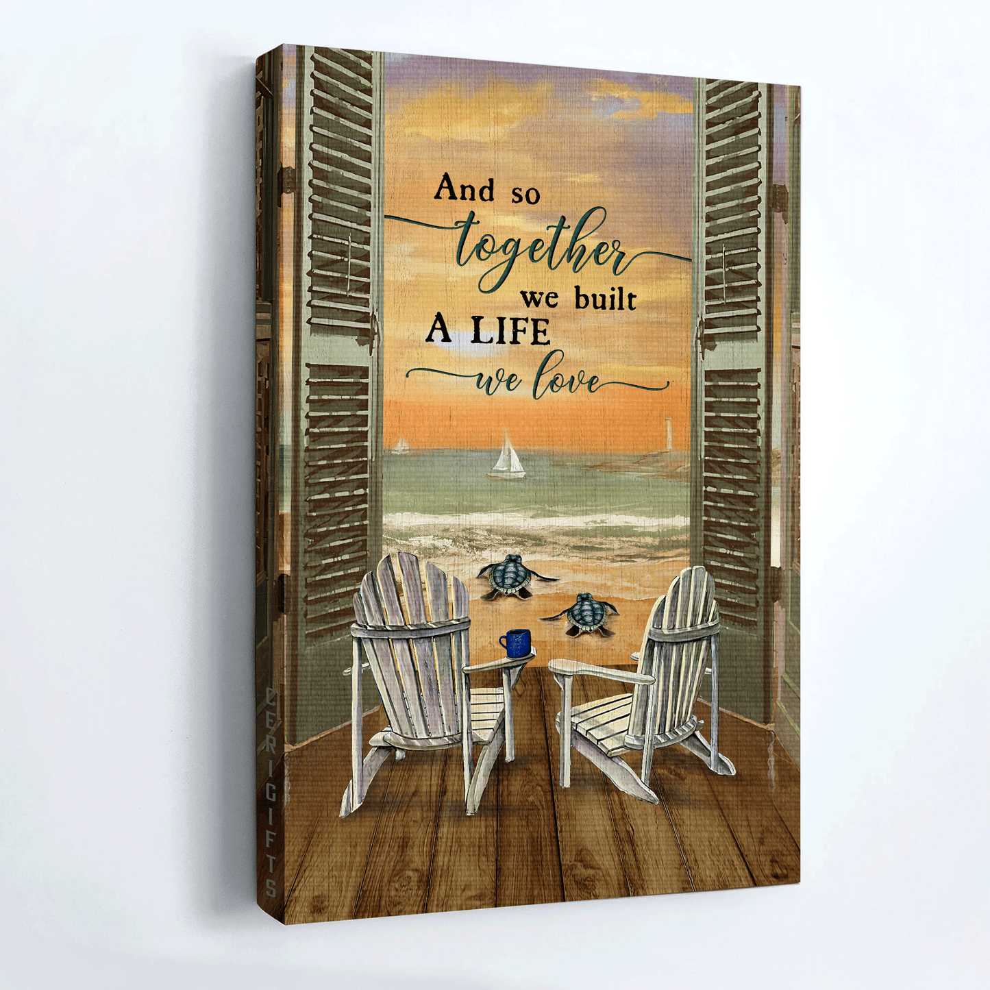 Family Portrait Canvas- Beach Chair, Sea Turtle, Sunset Ocean Portrait Canvas- Gift For Members Family- And So Together We Built A Life We Love