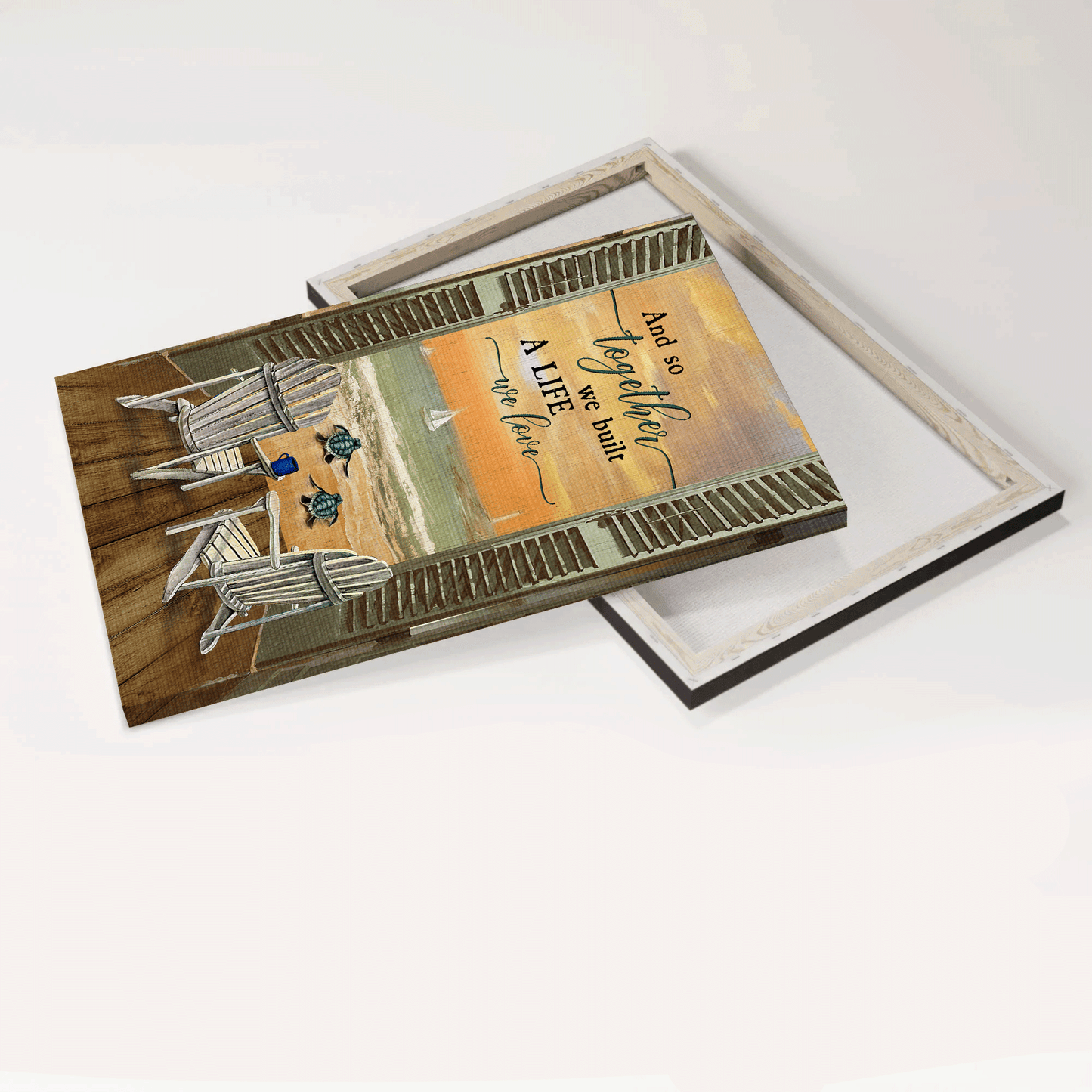 Family Portrait Canvas- Beach Chair, Sea Turtle, Sunset Ocean Portrait Canvas- Gift For Members Family- And So Together We Built A Life We Love