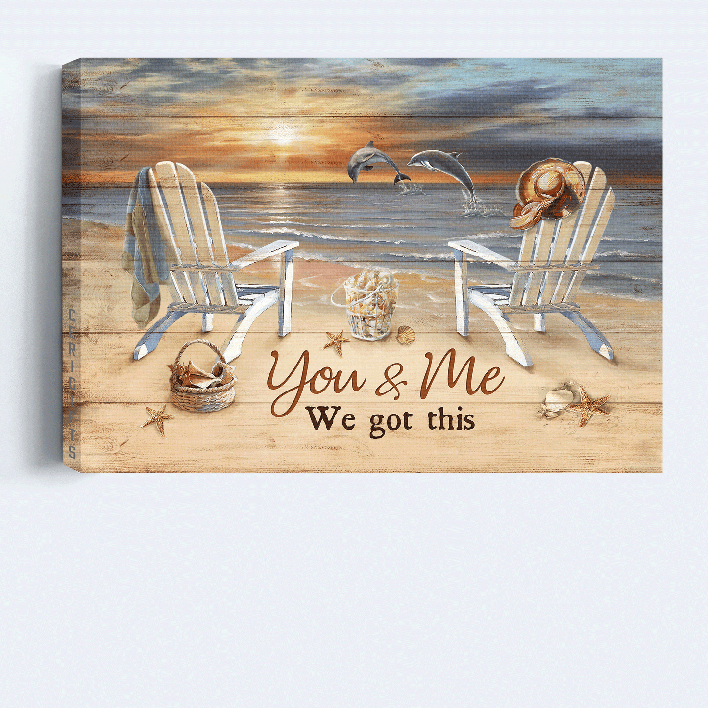 Family Landscape Canvas- Beach Chairs, Ocean Dolphins, Sunrise Beach Landscape Canvas- Gift For Members Family- You And Me We Got This