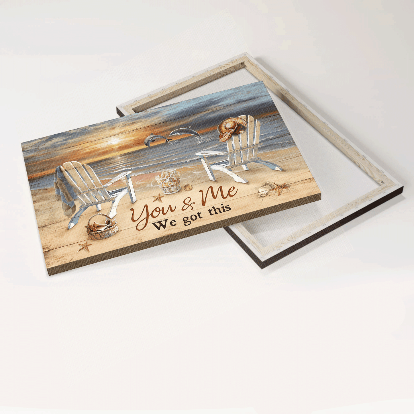 Family Landscape Canvas- Beach Chairs, Ocean Dolphins, Sunrise Beach Landscape Canvas- Gift For Members Family- You And Me We Got This