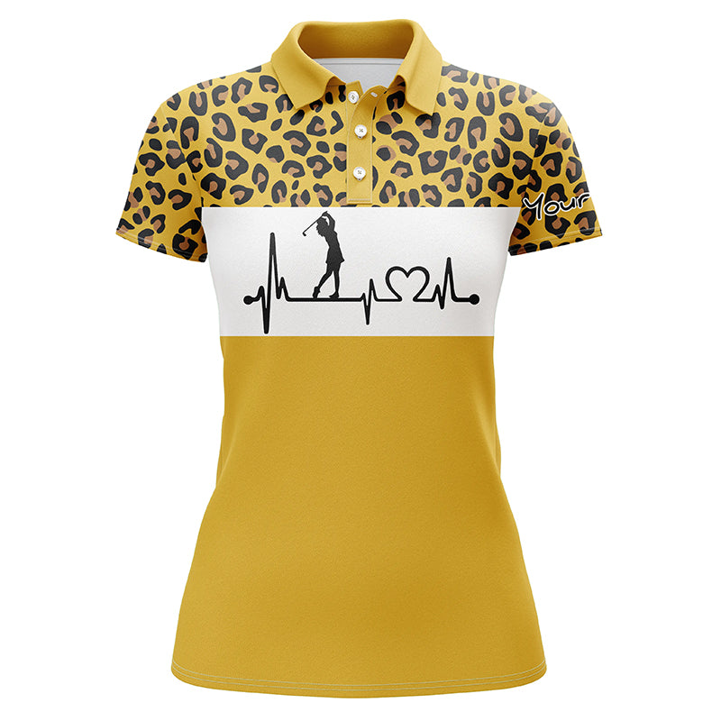 Womens Golf Polo Shirt Golf Heartbeat Custom Name Leopard Golf Shirt, Best Golfing  Gift For Women