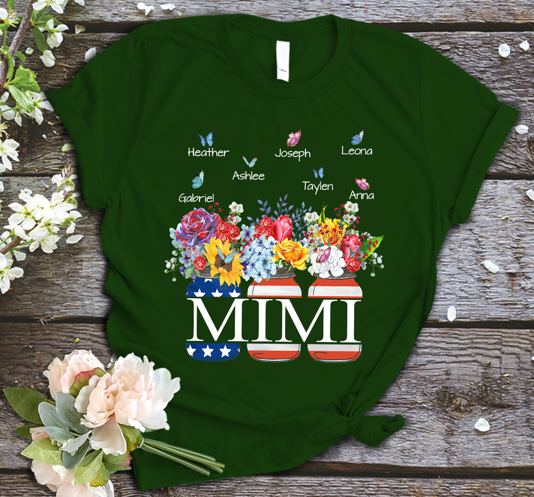 Mimi and Kids Custom Name T-shirt, Grandma Shirt , Flower Vase Flag American Personalized Shirt - Perfect Gift For Gigi, Nana, Mimi, Grandma