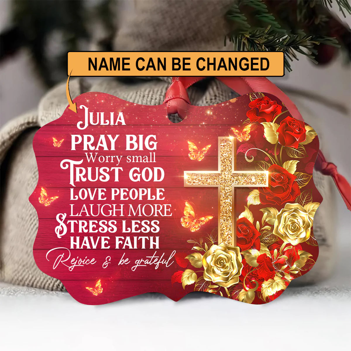 Jesus Aluminum Ornament - Personalized Rose And Cross Aluminium Ornament - Custom Gift For Christian - Rejoice And Be Grateful