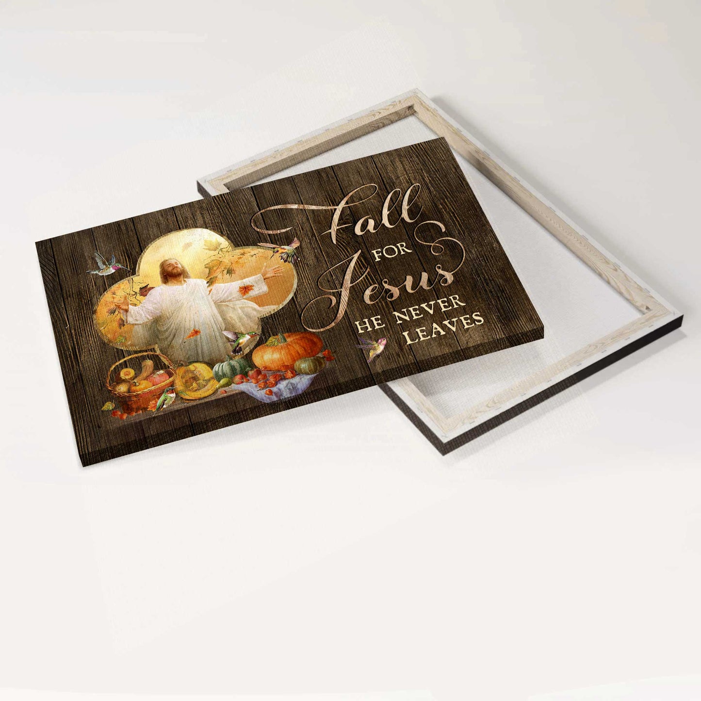 Jesus Landscape Canvas- Abstract Hummingbird, Farm Vegetable, Jesus Art Landscape Canvas- Gift For Religious Christian- Fall For Jesus, He Never Leaves