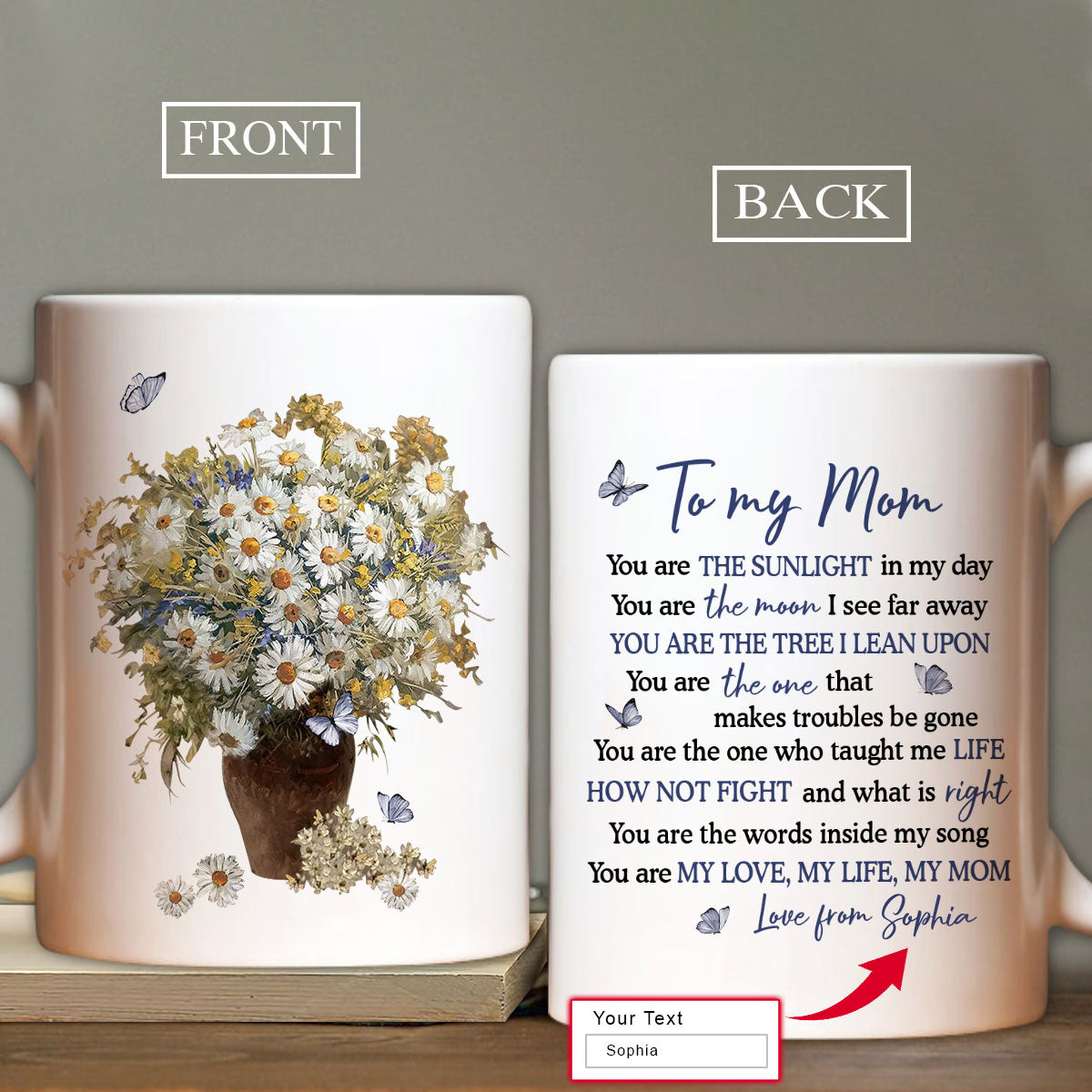 Gift For Mom Personalized Mug - Daughter to mom, Pretty daisy vase, Butterfly Mug - Custom Gift For Mother's Day, Presents for Mom - The sunlight Mug