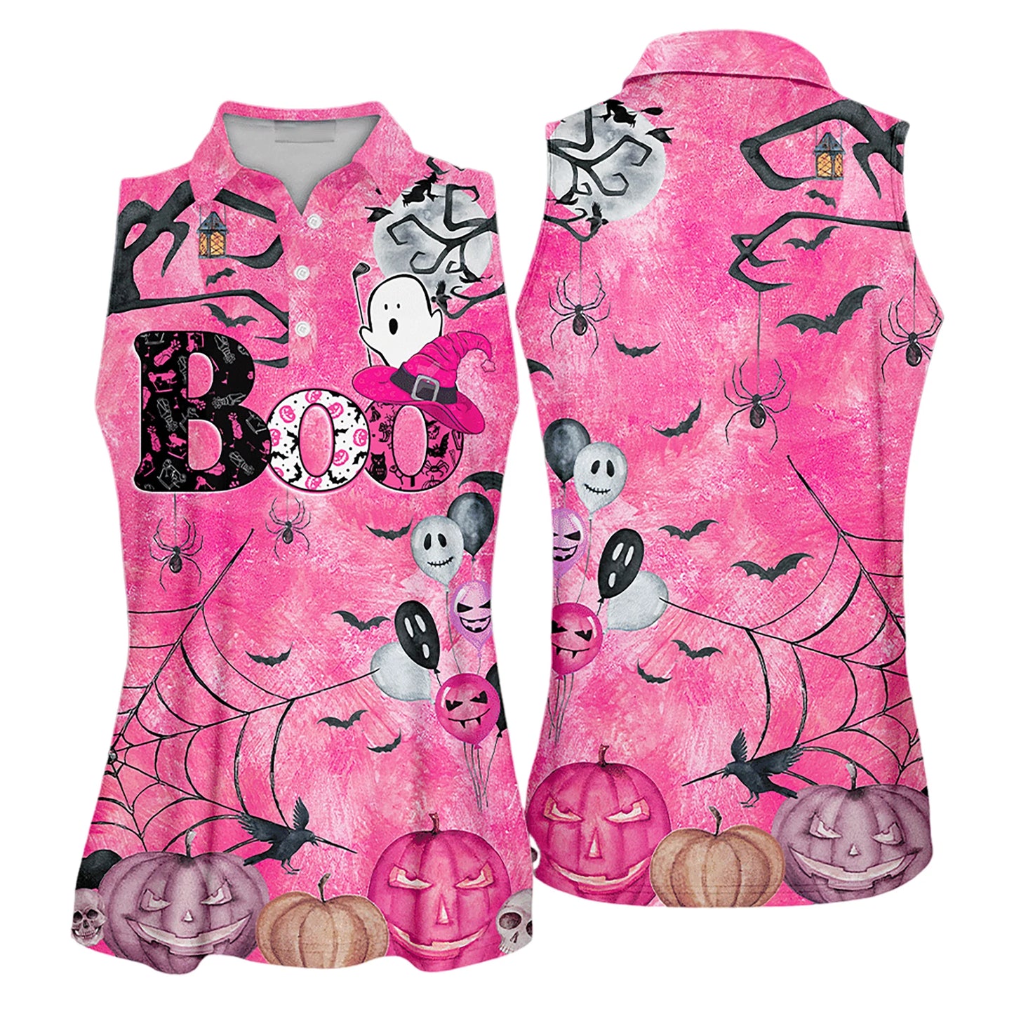 Golf Women Sleeveless Athleisure Polo Shirt, Boo Halloween Pattern Pink - Gift For Mother's Day, Golfers, Female, Golf Lovers