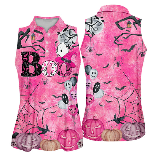 Golf Women Sleeveless Athleisure Polo Shirt, Boo Halloween Pattern Pink - Gift For Mother's Day, Golfers, Female, Golf Lovers