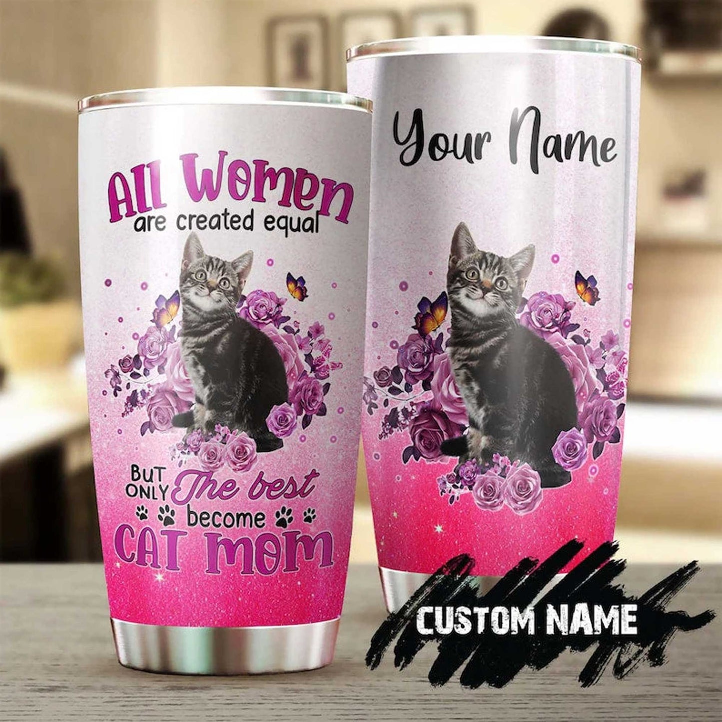 Cat Personalized Mother's Day Gift Tumbler - Custom Gift For Mother's Day, Cat Mom, Cat Lover - The Best Women Become Cat Mom Tumbler, Roses Tumbler