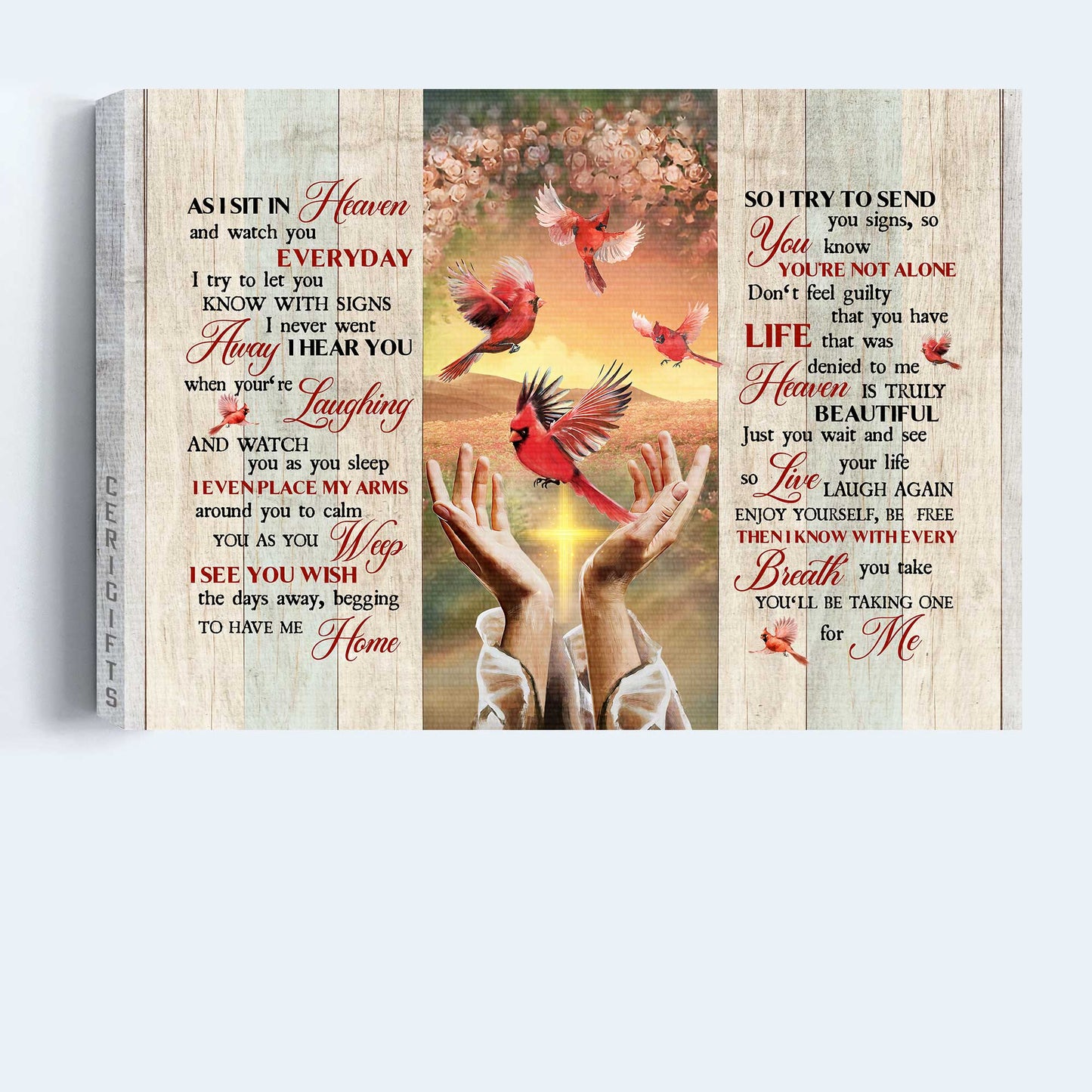 Heaven Landscape Canvas - Beautiful cardinal, Rose background, Pretty sunset Landscape Canvas - Memorial Gift For Family Members - As I sit in heaven