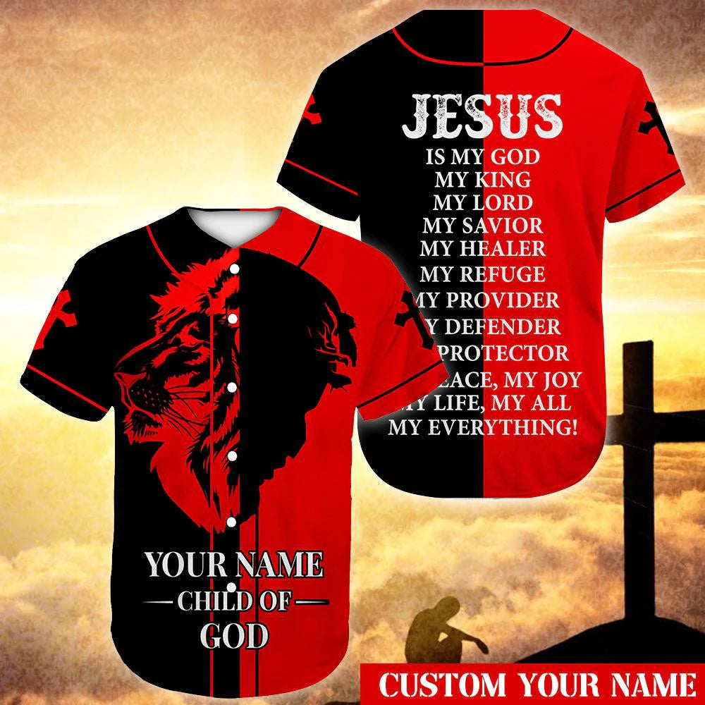 Personalized Jesus Baseball Jersey - Lion, God, Red Black Baseball Jersey - Gift For Christians - Child Of God Custom Baseball Jersey For Men Women