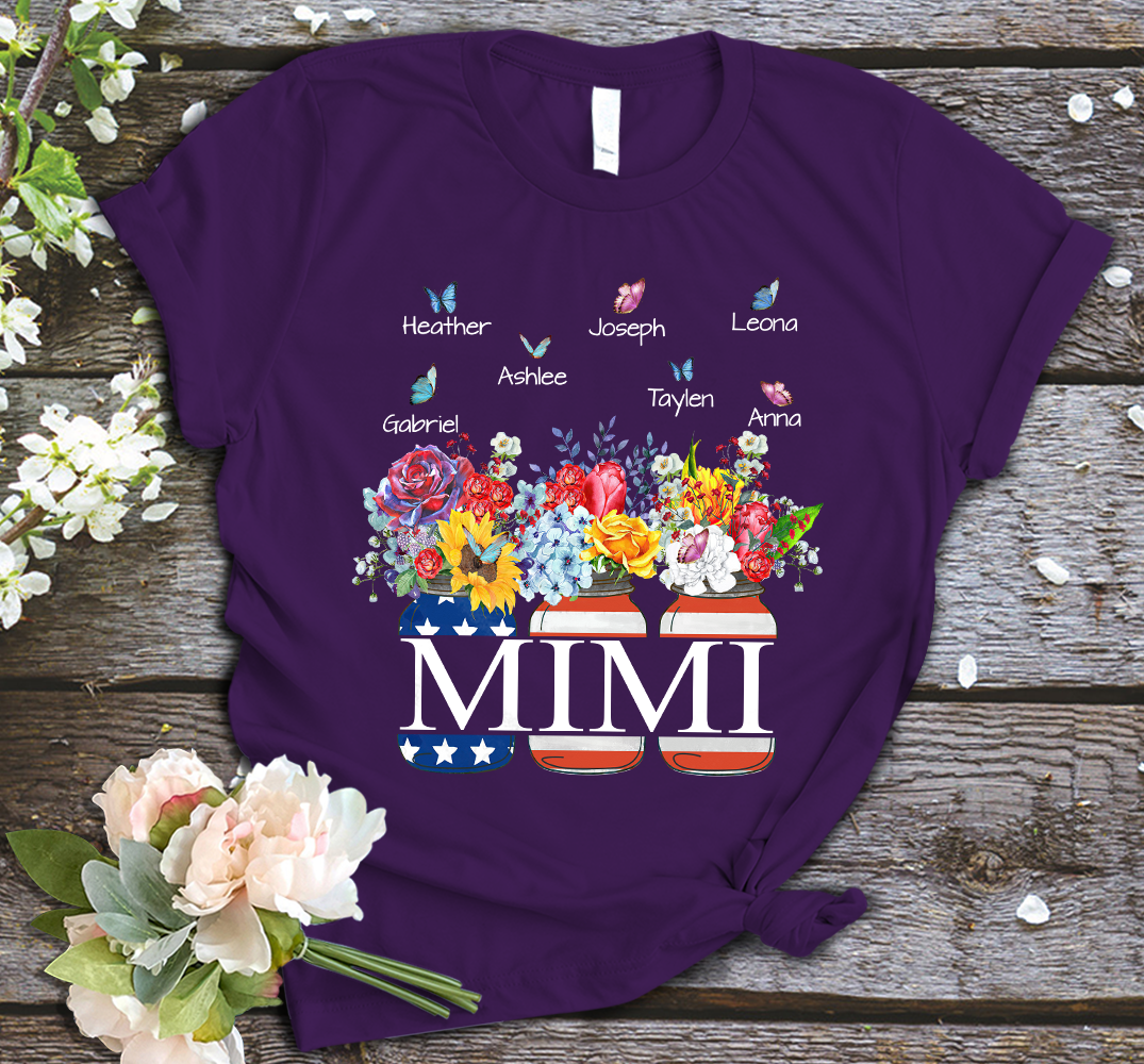 Mimi and Kids Custom Name T-shirt, Grandma Shirt , Flower Vase Flag American Personalized Shirt - Perfect Gift For Gigi, Nana, Mimi, Grandma
