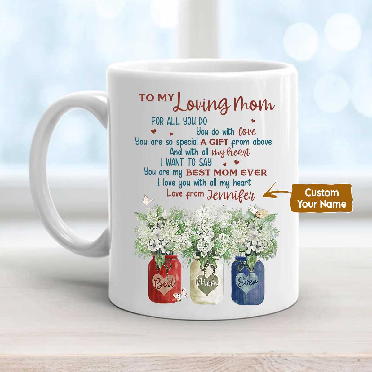 Gift For Mom Personalized Mug - Daughter to mom, White flower garden, Butterfly Mug - Custom Gift For Mother's Day, Presents for Mom - I love you Mug