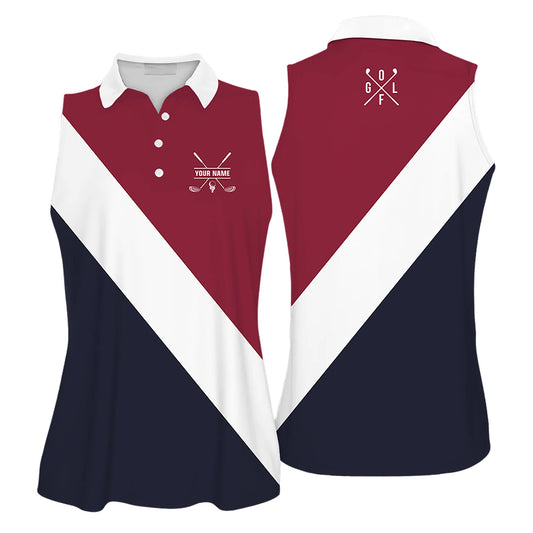 Golf Custom Name Women Sleeveless Athleisure Polo Shirt, Color Maroon White And Navy - Personalized Gift For Golfers, Female, Golf Lover, Mother's Day