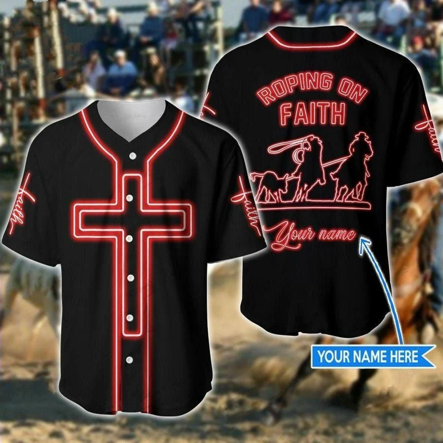 Personalized Jesus Baseball Jersey - Cross Baseball Jersey - Gift For Christians - Roping On Faith Custom Printed Baseball Jersey Shirt For Men Women