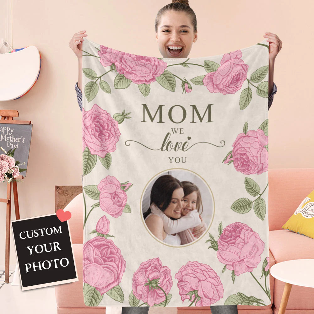 Floral Style Custom Photo Blanket - Gift For Mom Personalized Blanket - Best Gift For Mother's Day Blanket, Presents For Mom
