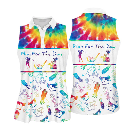 Golf Women Sleeveless Athleisure Polo Shirt, Plan for The Day Tie-Dye Pattern Funny Golf Symbol - Gift For Golfers, Female, Golf Lovers, Mother's Day