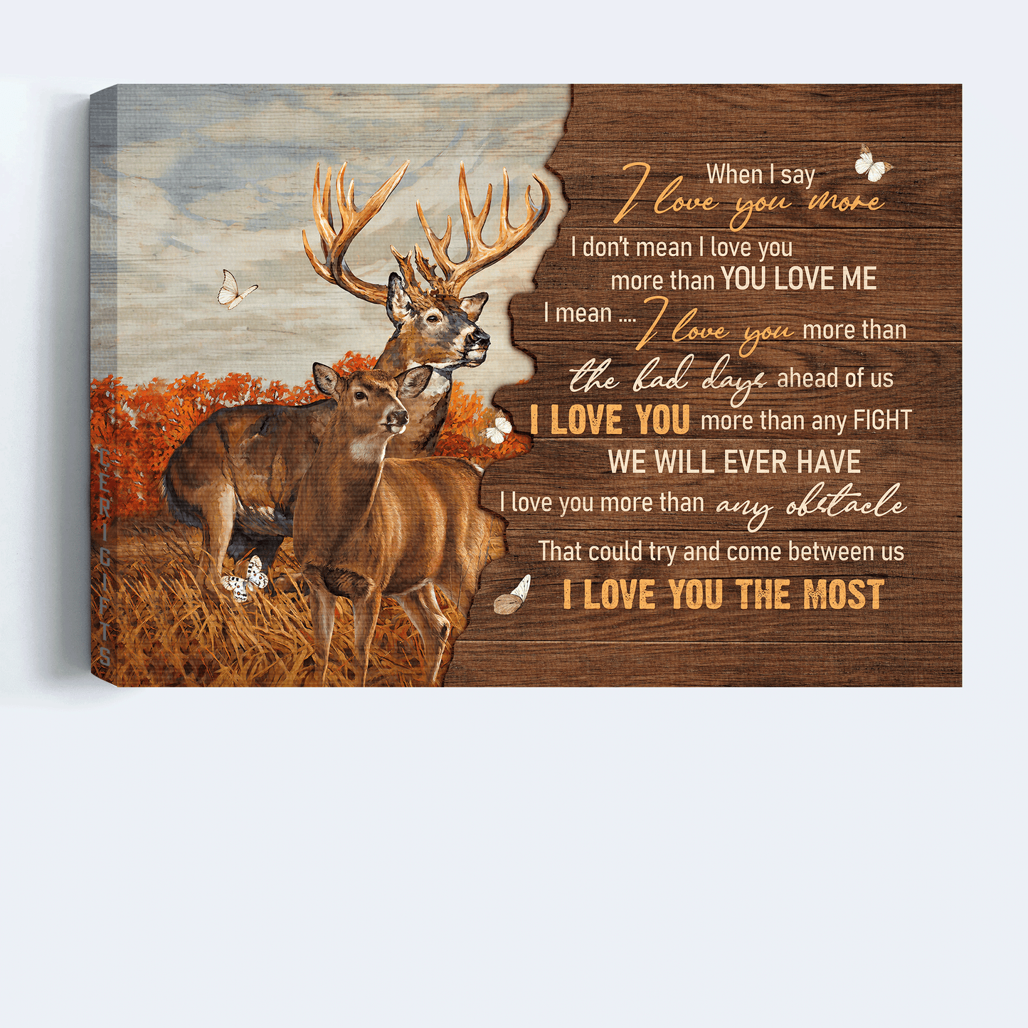 Couple Landscape Canvas- Beautiful Deer, Red Forest Drawing, Butterfly Canvas- Gift For Couple, Lover- When I Say I Love You More