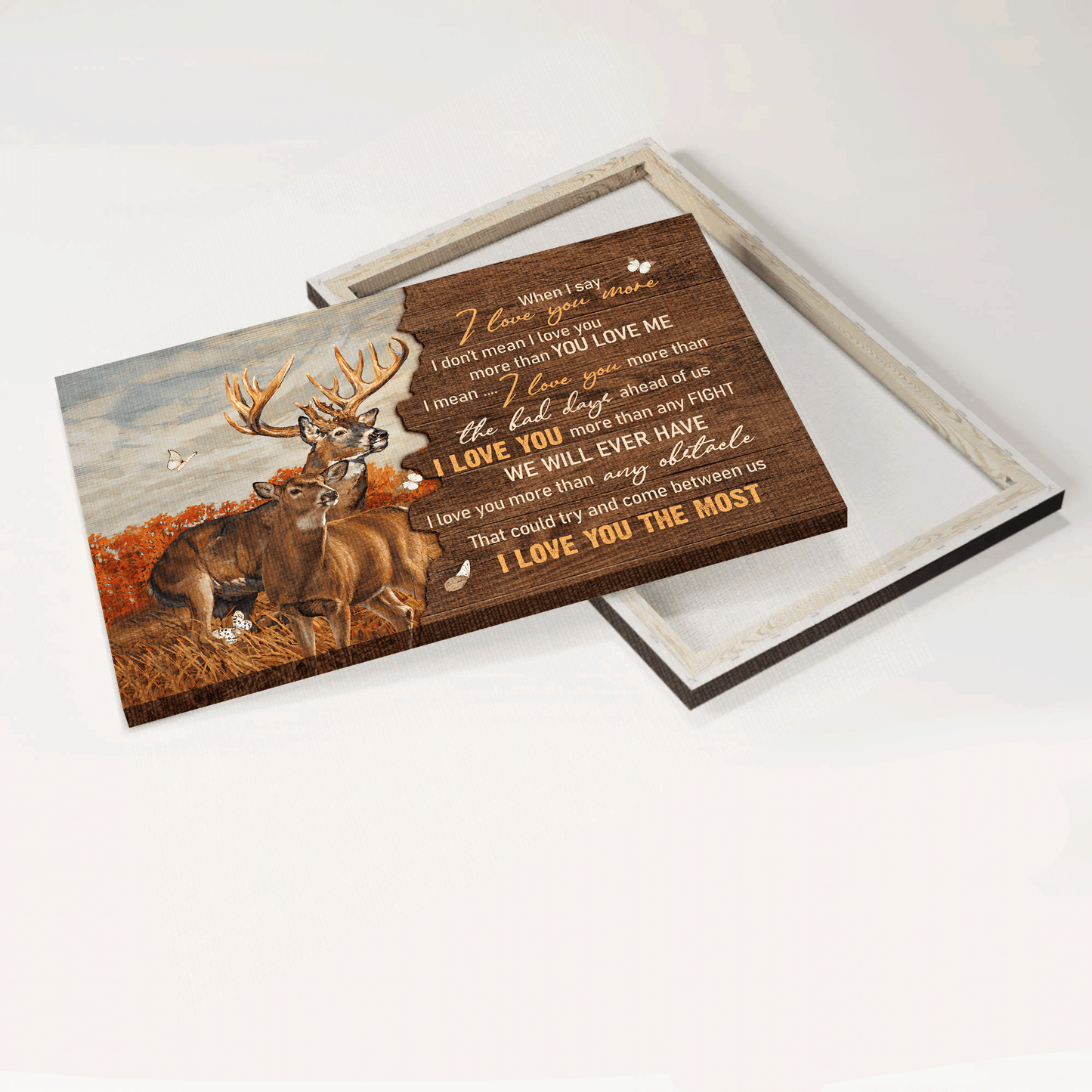 Couple Landscape Canvas- Beautiful Deer, Red Forest Drawing, Butterfly Canvas- Gift For Couple, Lover- When I Say I Love You More