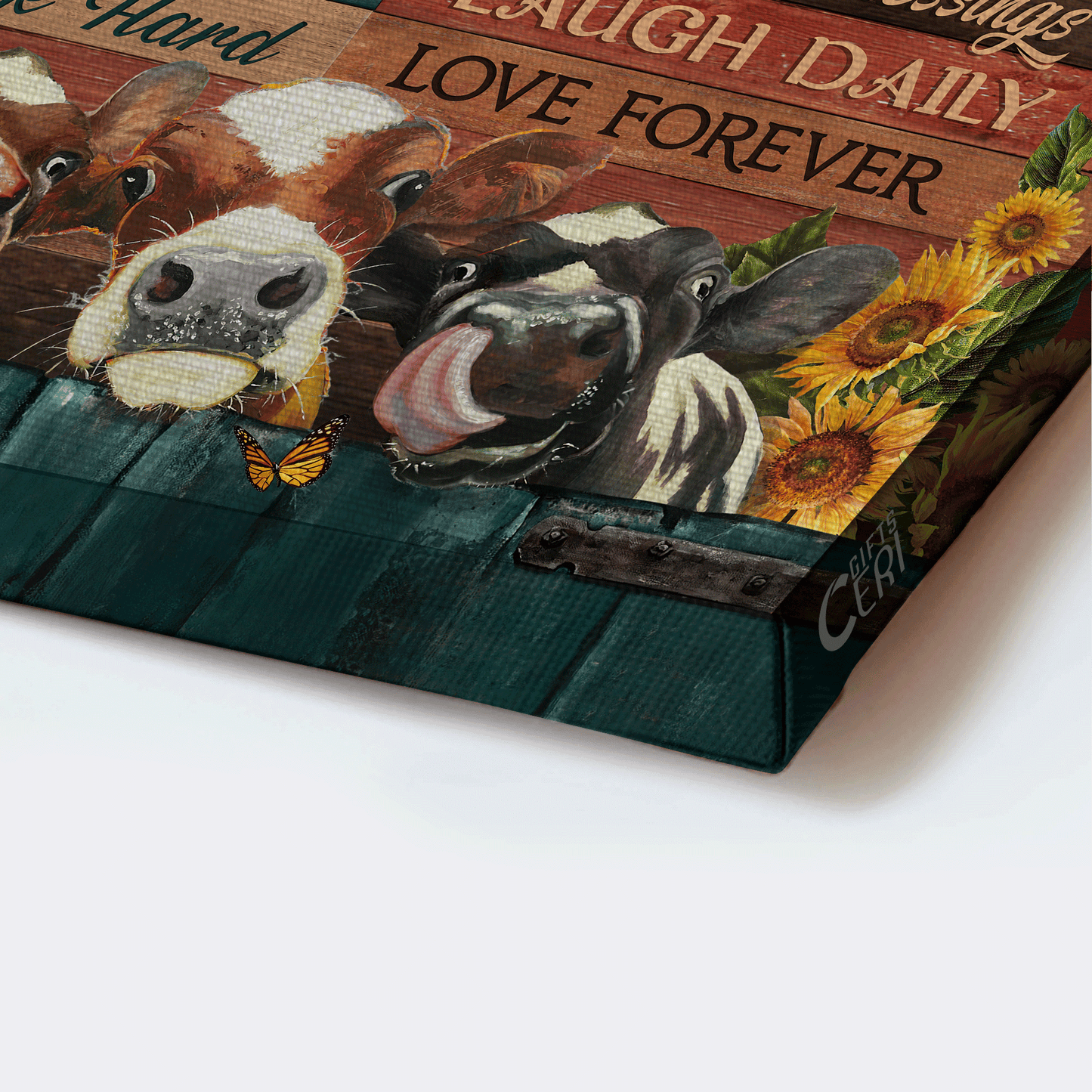 Family Landscape Canvas- Beautiful Dairy Cow, Sunflower Field, Orange Butterfly Canvas- Gift For Members Family- Family Rules