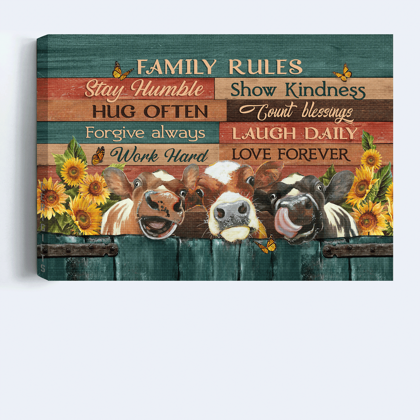 Family Landscape Canvas- Beautiful Dairy Cow, Sunflower Field, Orange Butterfly Canvas- Gift For Members Family- Family Rules
