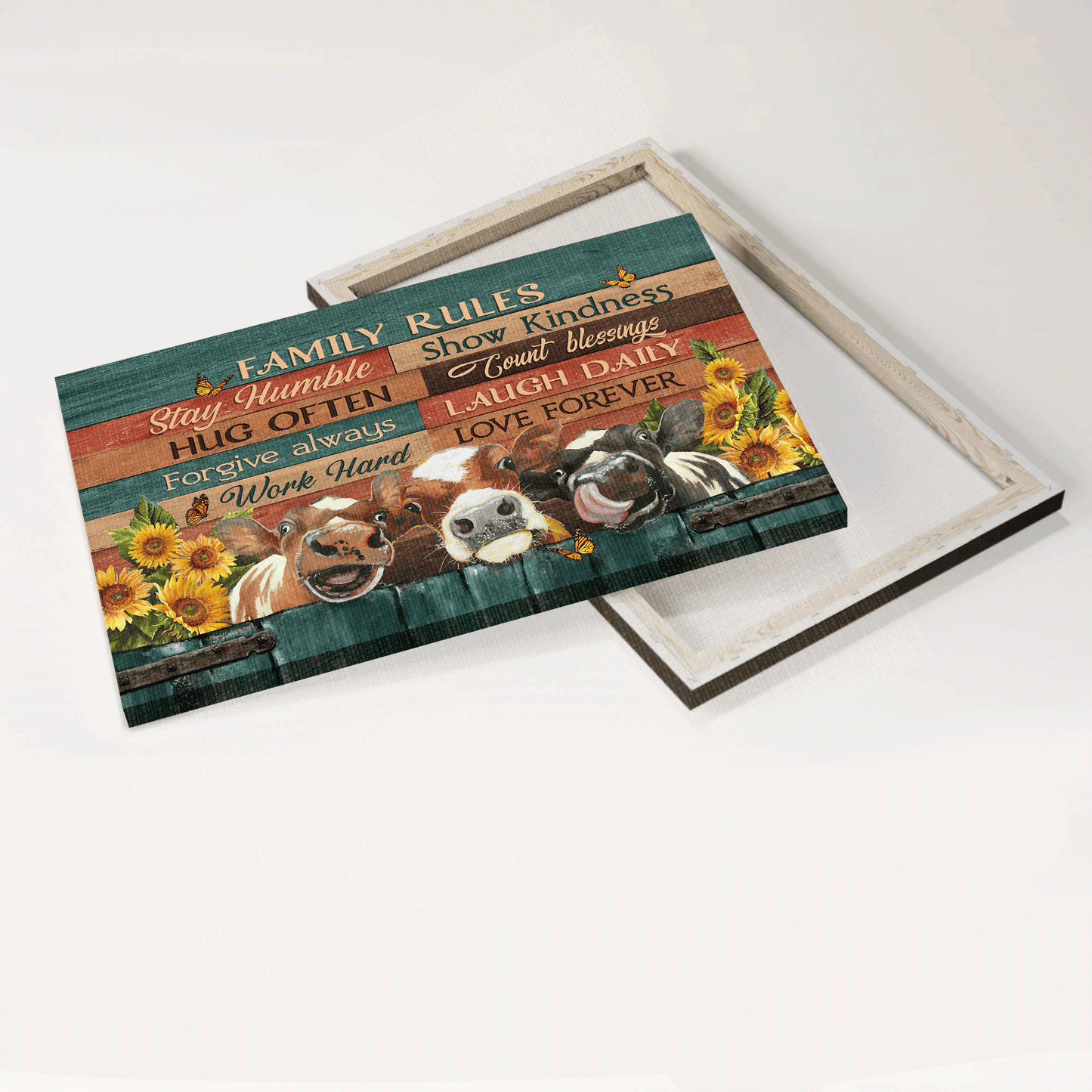 Family Landscape Canvas- Beautiful Dairy Cow, Sunflower Field, Orange Butterfly Canvas- Gift For Members Family- Family Rules