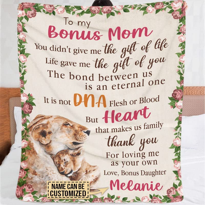 Personalized Mothers Day Blanket, To My Bonus Mom Blanket, Kid And Mother Lion Blanket, Mothers Day Birthday Gift, Stepmom Gift From Stepdaughter