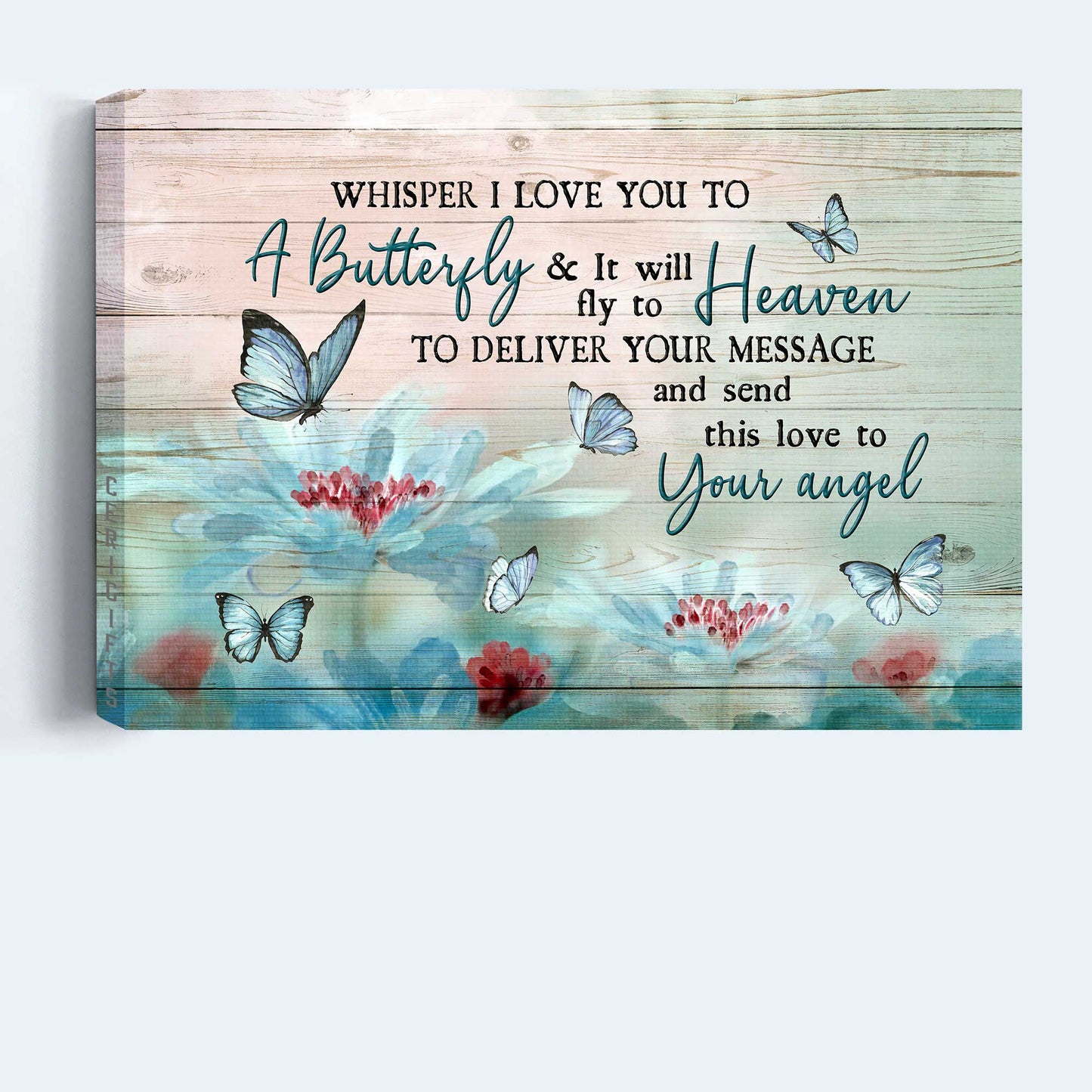 Memorial Landscape Canvas- Beautiful flower, Blue butterfly canvas- Gift for members family- A butterfly will send my love to your angel