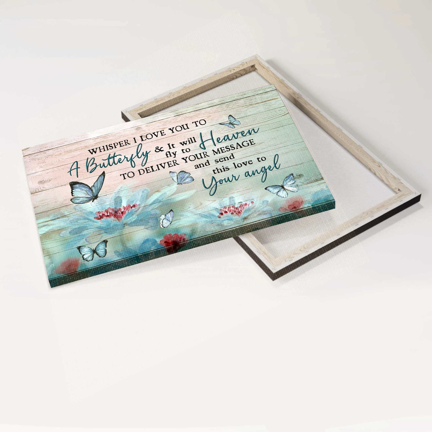 Memorial Landscape Canvas- Beautiful flower, Blue butterfly canvas- Gift for members family- A butterfly will send my love to your angel