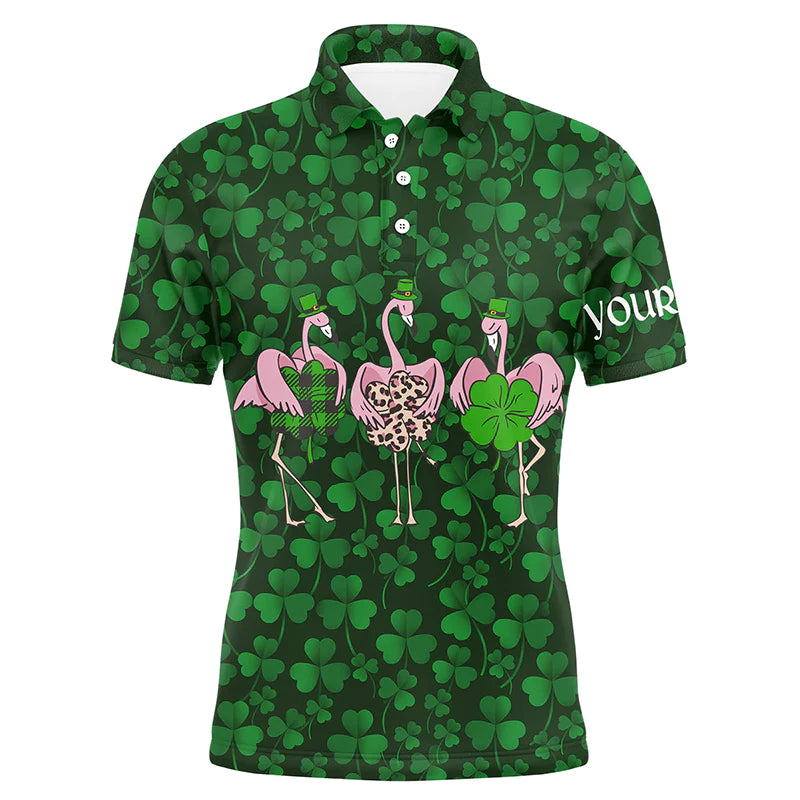 Golf Men Polo Shirt - Funny Custom Name Green Clover St Patrick's Day Background Flamingo Apparel - Personalized Sports Gift For Golf Lover, Male