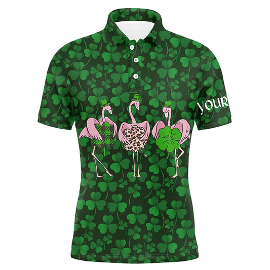 Golf Men Polo Shirt - Funny Custom Name Green Clover St Patrick's Day Background Flamingo Apparel - Personalized Sports Gift For Golf Lover, Male