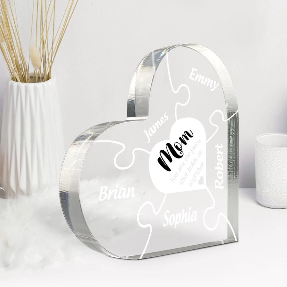 Mother's Day Mom And Kids Piece Holds Us Together Heart Shaped Acrylic Plaque - Custom Name Gifts For Mother, Mom, Mama, Gigi, Nana