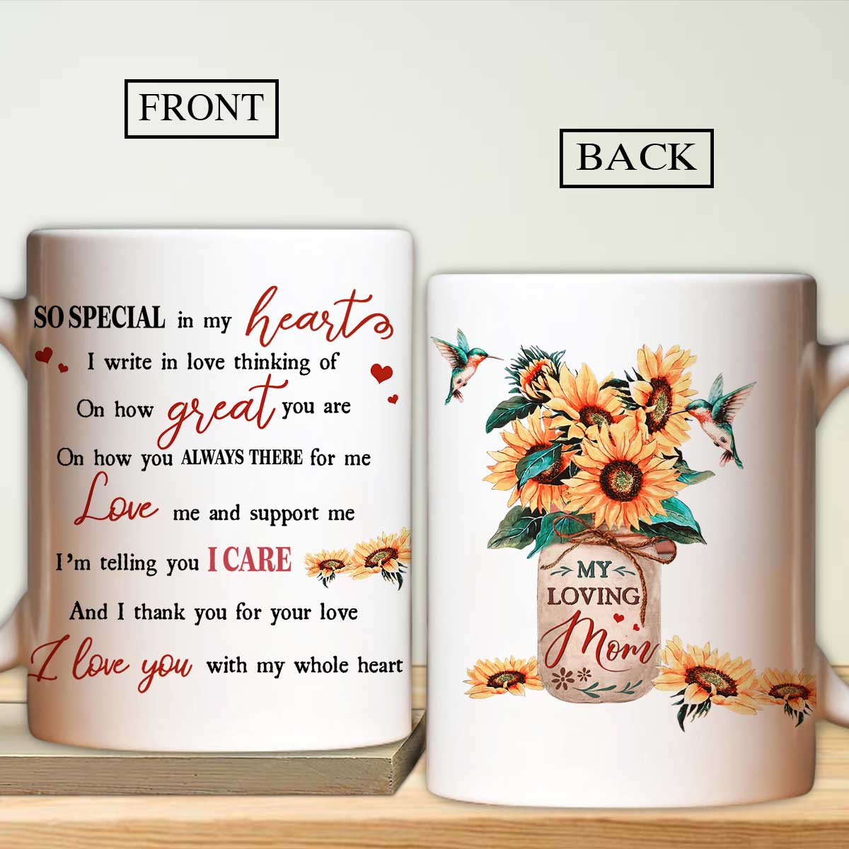 Gift For Mom Mug - Daughter to mom, Sunflower vase, Pink background Mug - Gift For Mother's Day, Presents for Mom - I love you with my whole heart Mug