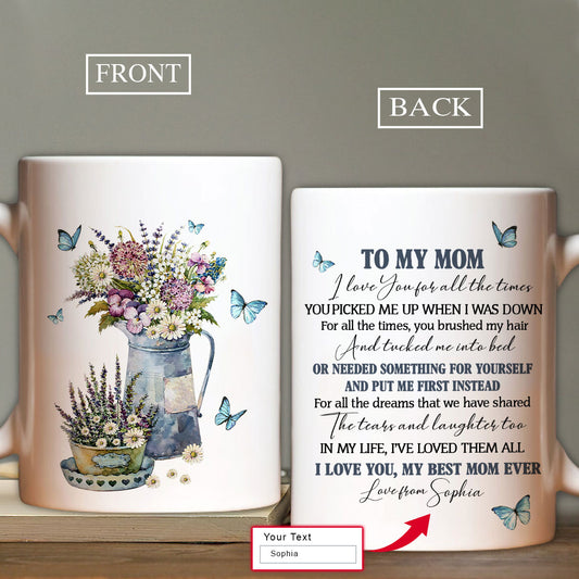 Gift For Mom Personalized Mug- Daughter to mom, Flower vase, Blue butterfly Mug- Custom Gift For Mother's Day, Presents for Mom- You are the world Mug