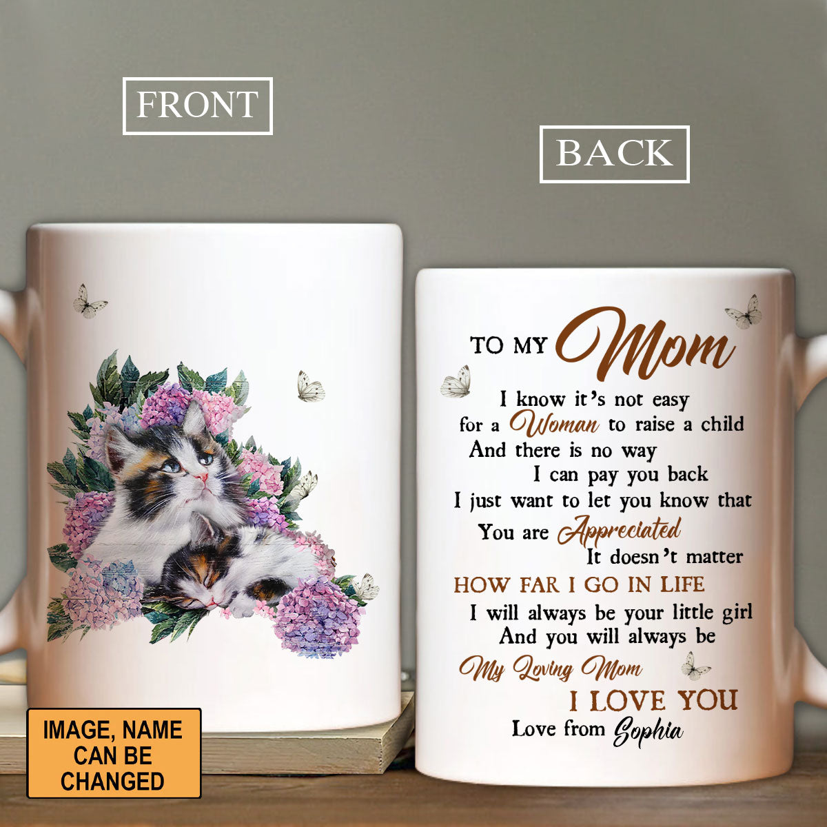 Gift For Mom Personalized Mug - Daughter to mom, Calico cat, Hydrangea flower Mug - Custom Gift For Mother's Day, Presents for Mom - I love you Mug